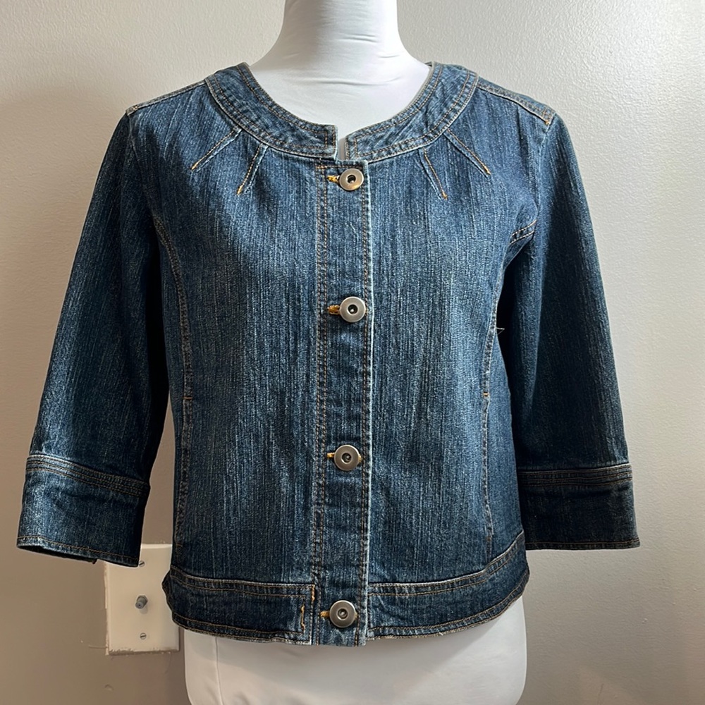 Territories denim jacket 3/4 sleeve crop contrast stitch pockets button front M - Picture 1 of 12